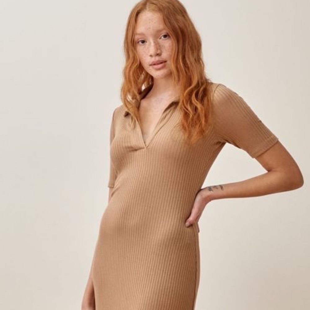 ✨NWT✨ REFORMATION Diane Ribbed Midi Dress Tencel in Buff Tan Brown Sz Small - Picture 2 of 3
